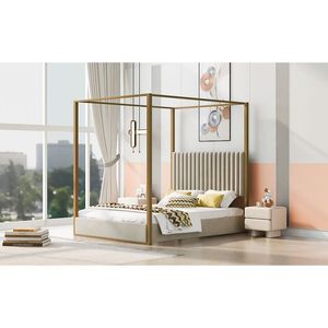 Letto a baldacchino imbottito beige queen size con testiera e struttura in metallo - Product Image 4