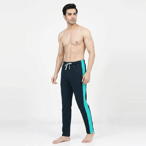 Men's Navy Blue Cotton Sweatpants With Turquoise Side Stripe Elastic Waist <b>Drawstring</b> Closure Casual Joggers Autumn Wear - Product Image 1