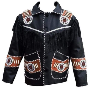 Chaqueta de Cuero PU Negra para Hombre, Diseño con Parches y Flecos Bordados a Mano, Cuello Camisero, Estilo Casual Otoñal, Forro de Algodón con Logotipo Frontal - Product Image 1