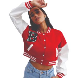 Veste universitaire courte pour femme en laine rouge avec manches en cuir véritable, personnalisable avec logo, vente en gros - Product Image 1