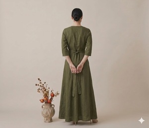 Vestido Largo de Algodón para Mujer, Cuello en V, Mangas Tres Cuartos, Corte Holgado, Estilo Vintage, Transpirable, Ropa Casual de Verano, Diseño OEM - Product Image 4