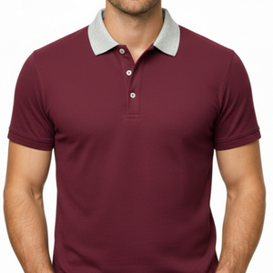 Premium <b>Maroon</b> Men's Polo Shirt Contrast light Grey Collar Short Sleeve Two-Tone Casual Golf Wear Polo <b>Top</b> - Product Image 2