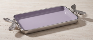 Plateau de service rectangulaire moderne en émail violet, plateau de table en métal de luxe avec poignées uniques en forme de feuille - Product Image 2