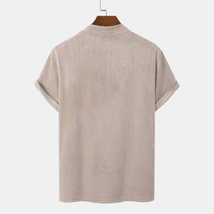 T-shirt en coton tricoté décontracté pour homme, beige, à manches courtes, col rond, coupe classique, couleur unie, tissu jersey, color-block, 220g - Product Image 1