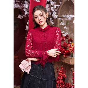 Blusa Roja de Encaje para Mujer con Cuello Peter Pan, Manga Trompeta, Volantes, Capa Transparente, Elegante, Casual, Corta, Transpirable, SUNE - Product Image 3