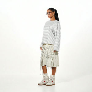 T-shirt rayé pour femme, style hip-hop, tissé, léger, à manches longues, coupe ample, 100 % coton, respirant et écologique, idéal pour l'été - Product Image 4