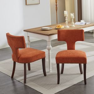 Set di 2 Sedie da Pranzo in Stile Mid-Century Modern, Sedia Decorativa Imbottita in Tessuto di Lino con Schienale Curvo e Borchie in Rame - Product Image 1