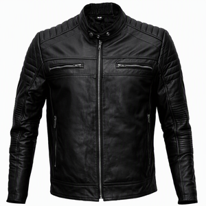 Men's Genuine Leather Motorcycle <b>Jacket</b> Slim Fit Stand Collar Zipper Closure Windproof Moto <b>Biker</b> Style Autumn Wear - Product Image 4