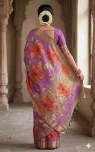 <b>Purple</b> Floral Printed Silk <b>Saree</b> With Gold Border Traditional Indian Wedding Wear For Women - Product Image 3