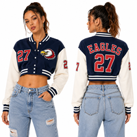 Blouson universitaire court bleu marine respirant pour femme avec logo casque Panthers et numéro 05 brodé, boutons-pression, tenue d'équipe, vente en gros OEM