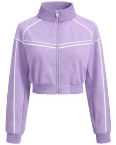 Chaqueta deportiva corta con cremallera para mujer, color lavanda, para gimnasio, fitness, ropa deportiva, con rayas en contraste, fabricante de chaquetas de entrenamiento. - Product Image 1
