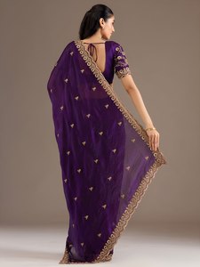 <b>Purple</b> Satin Silk <b>Saree</b> Embroidered Blouse Cutwork Border Traditional Indian Dress for Wedding Party Festive Wear - Product Image 6