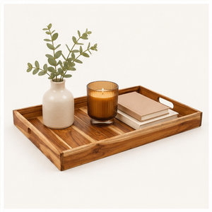 Bandeja de servir de madera de acacia premium con asas, bandeja rectangular grande decorativa de madera para desayuno, centro de mesa para mesa de café - Product Image 6