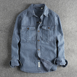 Fashion <b>Men's</b> Europe US Casual Shirt Coat Striped Fabric Washed <b>Old</b> Vintage Cargo Denim Gray Spring/Summer/Autumn - Product Image 2