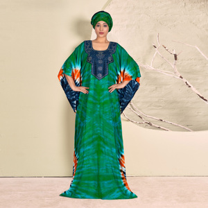 Caftán Farasha Modesto de Rayón con Patrón Artístico Abstracto, Cuello Adornado y Mangas Anchas Fluidas, Silueta Larga hasta el Suelo, Ideal para Eid - Product Image 2