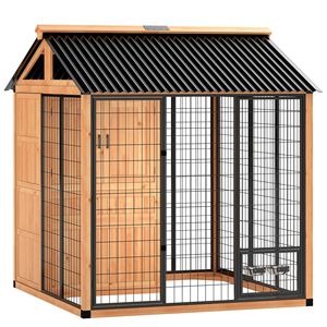 Cuccia per Cani da Esterno Extra Large 7 X 6 in Legno con Armadio Portaoggetti, Ciotole in Acciaio Inox Giallo Chiaro - per Cani di Taglia Grande - Product Image 1