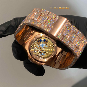 Montre à quartz plaquée or rose, bracelet en acier inoxydable, cadran rond, affichage de la date, montre-bracelet de luxe hip-hop - Product Image 5