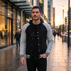 Heavyweight Cotton Fleece Hooded Varsity <b>Jacket</b> <b>Men</b> Custom Embroidery Wholesale Private Label Streetwear Raglan Sleeve <b>Jacket</b> - Product Image 6