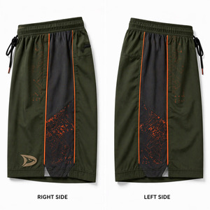 Shorts de pickleball personnalisés vert olive, anti-humidité, en poly-spandex, avec poches zippées et détails orange - Product Image 4