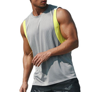 Men's Gray Sleeveless Tank Top With Yellow Side Panels O-Neck Quick Dry Sporty Workout Vest Knitted Polyester Fit - Product Image 2
