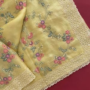 Sari de Seda Amarillo Liso de Boutique India, Satén Banglory, Hermoso Trabajo de Bordado Múltiple, Tradicional para Mujeres, Boda, Fiesta, Novia - Product Image 4