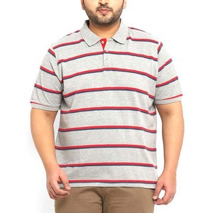 Polo à manches courtes rayé gris, rouge et bleu pour homme, en coton tricoté, coupe décontractée, boutons - Product Image 1