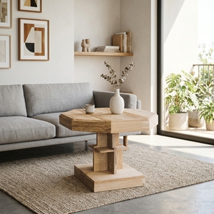 Modern Octagonal Solid <b>Wood</b> Coffee <b>Table</b> Elegant Geometric Pedestal Accent <b>Table</b> For <b>Rustic</b> Living Room Setup Art Design Pure - Product Image 5