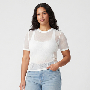 Camisetas cortas de malla de red para mujer, cuello redondo, manga corta, ajuste ceñido, informales, transparentes, 100% poliéster - Product Image 1