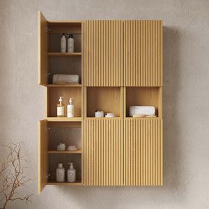Étagère flottante en teck sans poignées, rangement en bois naturel pour salle de bain - Product Image 1