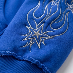 Sudadera con capucha azul real para hombre con cremallera, gráfico de estrella de fuego personalizado, mangas bordadas, estilo oversize, ropa urbana, venta al por mayor, fabricante - Product Image 6