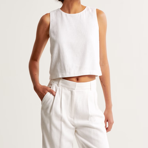 White Solid <b>Linen</b> Cotton Sleeveless Gym Tank <b>Top</b> Women Casual Two Piece Set with Button Front Short Crop Vest for Spring - Product Image 6
