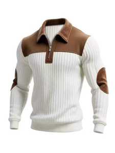 Men's Navy Blue <b>Quarter</b> <b>Zip</b> <b>Sweater</b> With Brown Leather Accents Regular Fit Knitted Casual Autumn Wear - Product Image 6