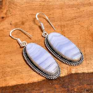 Boucles d'oreilles pendantes élégantes en agate bleue ovale, faites à la main en argent sterling, bijoux bohèmes en pierres précieuses, cadeau pour femme - Product Image 5
