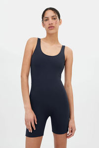 Combinaison de yoga taille haute marine pour femme, bretelles spaghetti, couleur unie, effet ventre plat, longueur intégrale, sans couture, très extensible - Product Image 3