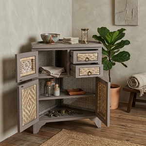 New Modern <b>Minimalist</b> Minang Wooden Storage Cabinet Natural Rattan Webbing Corner Cupboard Doors Storage Nightstand - Product Image 4