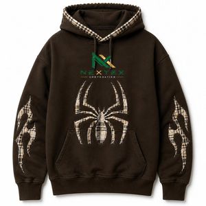 เสื้อฮู้ดดี้ลายสก็อตแบบแพทช์เวิร์คประดับลายแมงมุมทรงโอเวอร์ไซส์สำหรับผู้ชาย เสื้อสเวตเชิร์ตสตรีทแวร์ ผลิตโดยโรงงาน OEM ขายส่ง - Product Image 4
