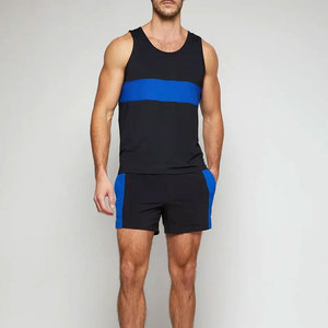 <b>Black</b> Sleeveless Fitness Wear Tank <b>Top</b> With Blue Horizontal Stripe Sporty Design Workout Tank <b>Top</b> - Product Image 5