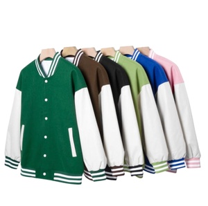Chaqueta de béisbol universitaria para hombre con logotipo personalizado, chaqueta de moda variada con mangas de cuero bordadas y cuello levantado y doble botonadura - Product Image 3