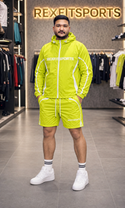 REXFIT SPORTS 2026 Custom Neon Lime <b>Nylon</b> Tracksuit Set Hooded Windbreaker Jacket and Long <b>Shorts</b> Private Label Sportswear - Product Image 5