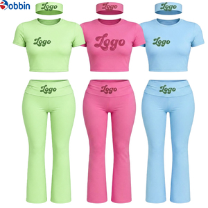 Customized Custom Logo Women 3 Piece Set High Waist Flare Pants and <b>Crop</b> <b>Top</b> with Headband Athleisure Yoga Workout Tracksuit - Product Image 6