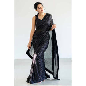 Sari de Fiesta para Mujer de Diseñador con Trabajo de Lentejuelas y Borde de Ribete - Product Image 6
