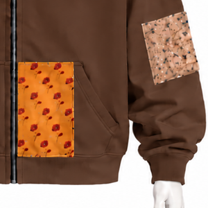 Sweat à capuche zippé marron en patchwork tapisserie, coupe oversize, avec patchs imprimés, style streetwear décontracté - Product Image 5