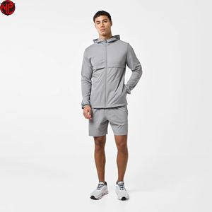 Gray Hooded <b>Tracksuit</b> Set Zip Up Jacket and Shorts Breathable Quick Dry Streetwear Sportswear Windbreaker Shorts Set for Men - Product Image 1