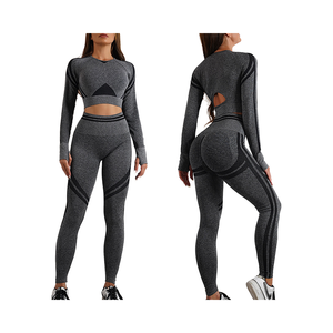 Women's Breathable Knitted Seamless Gym Yoga Set <b>Nude</b> Fitness Sports Crop with Long Sleeves Casual Print Style for Spring Season - Product Image 1
