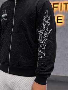 Wholesale Winter 400GSM 100% Cotton French Terry Zip-Up <b>Hoodie</b> Custom Patch Chest Rhinestone Detail Solid <b>Black</b> <b>Zipper</b> - Product Image 3