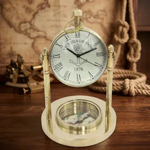 Horloge de bureau nautique en laiton antique de qualité supérieure avec boussole, horloge maritime vintage, horloge décorative de table pour cadeau et décoration de la maison - Product Image 4