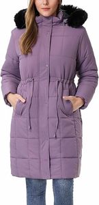Abrigo Largo Acolchado de Invierno para Mujer con Capucha con Ribete de Piel, Cierre de Botones, Manga Larga, Color Morado Sólido, Prenda Exterior Cálida - Product Image 3