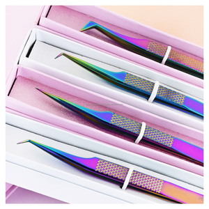 Pince à épiler à pointe en fibre avec logo personnalisé pince à épiler pour extension de cils avec 5 ensembles de pièces outil de cils à volume à pointe droite incurvée - Product Image 1