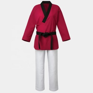 Tenues de compétition de Taekwondo pour combattants, hauts personnalisés élastiques, tendance unisexe, approuvés WT, 100% polyester, durables, séchage rapide, devant - Product Image 1