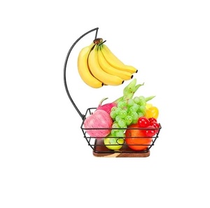 Corbeille à fruits rectangulaire avec support pour bananes, bol à fruits en fil métallique avec base en bois, organisateur de table de cuisine, bol à fruits noir - Product Image 4